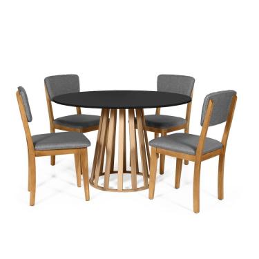 Imagem de Mesa De Jantar Redonda Gabi Pret/jade Com 4 Cadeiras Estofadas Ella Cinza Escuro