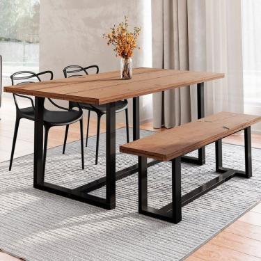 Imagem de Conjunto Mesa De Jantar Rústica E Banco De Madeira Maciça Com 2 Cadeiras Allegra Preto-marrom