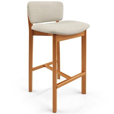 Imagem de Banqueta Alta Dara L02 Assento em Linho Base em Madeira com Encosto Fixo Bege para Cozi...