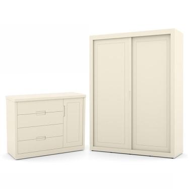Imagem de Jogo De Quarto Infantil Com Guarda Roupa 2 Portas De Correr E Cômoda Tutto New Off White - Matic Móveis Off White