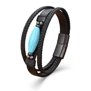 Imagem de EJARY Pulseira masculina de couro, turquesa/olho de tigre/lápis/ônix preto com contas de pedra de cura para homens, 8,27 polegadas/21 cm, Couro, Sem Pedra Preciosa