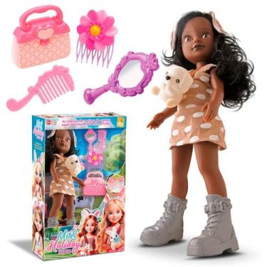 Imagem de Brinquedo Boneca 34 Cm Miss Holiday Haras Negra Com Bolsa Cachorro Tia