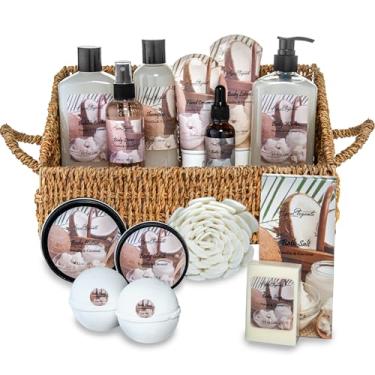 Imagem de Aqua Elegante Conjuntos De Presente Para Spa Banho - Cesta Luxo Com Coco E Baunilha. O Kit Inclui Sabonete Líquido, Espuma, Loção, Sais, Esfoliante Corporal, Bucha Banho, Bombas Em Madeira.