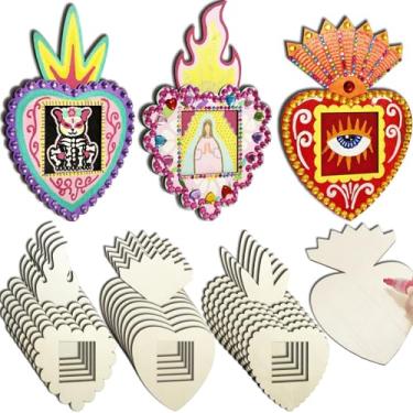Imagem de 15 conjuntos de moldura retangular de coração sagrado de madeira inacabada em branco mexicano Milagros Sagrado Coração Dia De Los Muertos para decoração de casa do Dia dos Mortos