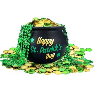 Imagem de Yunlly Conjunto de 213 peças de caldeirão de São Patrício inclui 1 caldeirão de duende preto com alça 200 moedas de plástico trevo 10 colares de contas verdes 2 adesivos para decoração de festa do dia