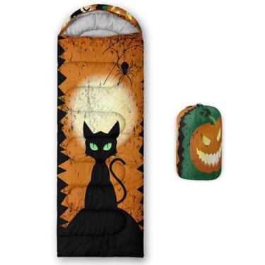 Imagem de Smell Sunshine Saco de dormir infantil para meninos e meninas, estampa de gato preto de Halloween, leve, quente, portátil, uso interno, impermeável, resistente ao clima frio, saco de dormir para