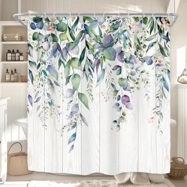Imagem de Riyidecor Cortina de chuveiro azul-petróleo para decoração de banheiro 72Lx72H folhas de eucalipto plantas aquarela floral tábua de madeira rústica botânica arte impressa tecido poliéster impermeável