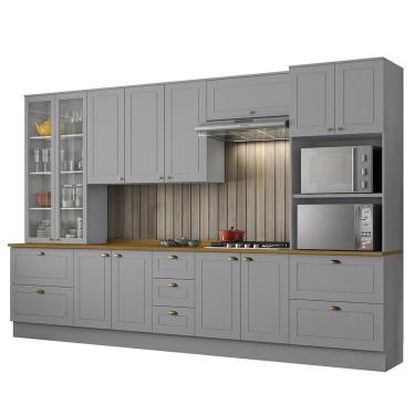 Imagem de Cozinha Completa 6 Peças Americana com Cristaleira Tampo Nature - Móveis Henn Cinza