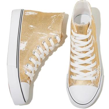 Imagem de kufeiti Tênis feminino de lona de cano alto com cadarço branco preto tênis casual caminhada, Dourado, 41