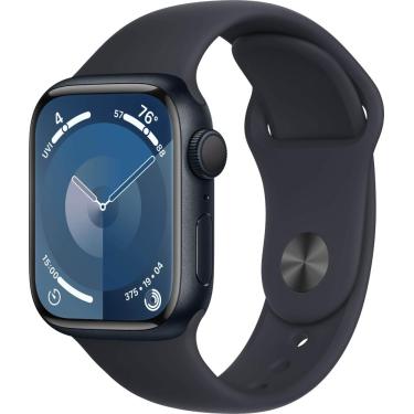 Imagem de Caixa de alumínio Apple Watch Series 9 GPS 41 mm com pulseira esportiva Midnight (pequena/média) - Midnight-MR8W3LW/A
