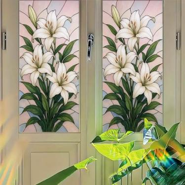 Imagem de Starlit Patio White Lily Película de privacidade estilo vitral aderência estática sem cola painel decorativo capa de filtro de luz para porta janela quarto entrada 45 x 99,8 cm