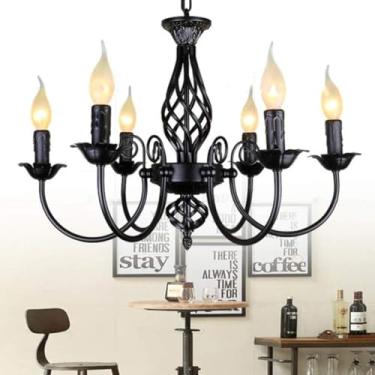 Imagem de Luzes Pendentes Lustre Antigo Rústico Freh Classic Aristocrática Vela Pendurada Lâmpada Altura Ajustável E14 Ferro Forjado Pingente Lightshade Estilo Country Sala De Estar Lustres De Teto