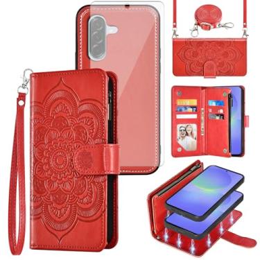 Imagem de Capa de celular para Samsung Galaxy A56 5G carteira com zíper destacável com protetor de tela de vidro temperado alça transversal cordão mandala flor flip compartimento para cartão A 56 56A LTE