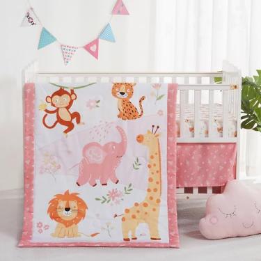 Imagem de lasoftan Jogo de cama de berço de 3 peças, decoração de berçário com colcha + lençol com elástico + saia, respirável e macio para bebês meninos e meninas - Elefante rosa