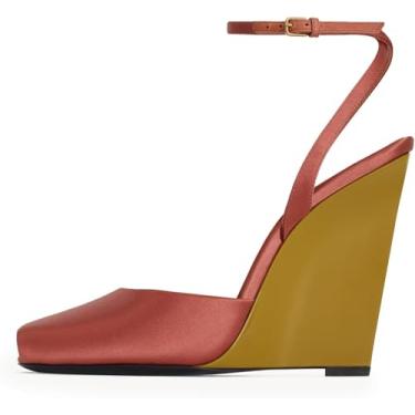 Imagem de CAGLGLZ Sandálias femininas Peep Toe com bico aberto, fivela e tira no tornozelo, salto cunha, couro envernizado, sapatos de verão sexy e elegantes, Ferrugem escuro, 41