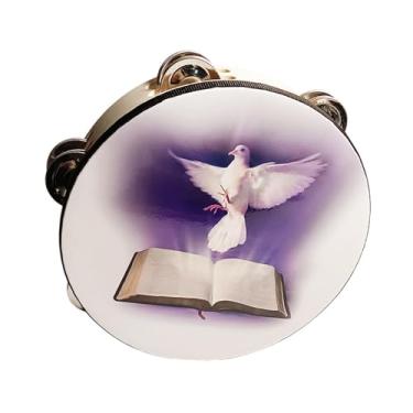 Imagem de Kokiya Pandeiro de madeira 10 "instrumentos de percussão de madeira, tambor de mão, fileira dupla, sino de pandeiro para festa infantil, Branco