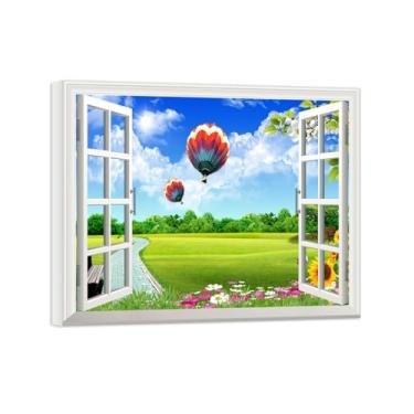 Imagem de Impressões em tela paisagens-Arte parede janela falsa-Balão nuvens campo-Natureza Pintura Decoração Banheiro Tela Embrulhada 20x25cm