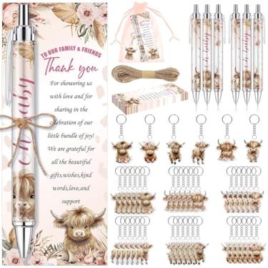 Imagem de 145 peças de lembrancinhas de chá de bebê de vaca Highland para convidados, canetas esferográficas e chaveiros, presentes para meninos, canetas de chá de bebê retráteis de gênero, cartões de