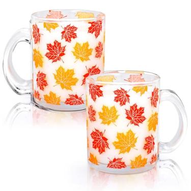Imagem de Whaline 2 peças de copos de vidro com folhas de outono com alças 340 g folhas de bordo coloridas caneca de café bebida copo para bebidas quentes e frias cappuccino chá outono colheita dia de ação de
