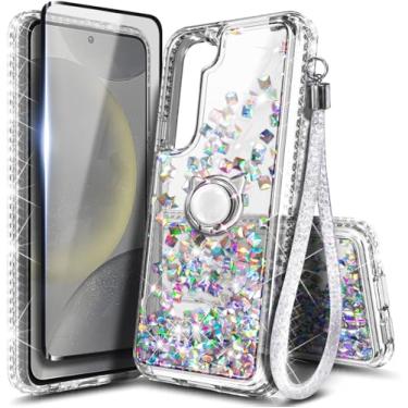 Imagem de Capa NGB projetada para Samsung Galaxy S23-FE, pedra de cristal | Capa fofa com glitter líquido brilhante | com protetor de tela, suporte de anel e cordão de pulso para mulheres, meninas e crianças