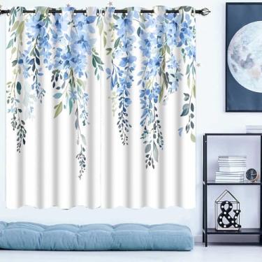 Imagem de EOTDMS Cortinas florais em aquarela azul, cortina de flores de videira com folhas botânicas, cortinas de tratamento de janela blackout para quarto e sala de estar 107 x 160 cm, 2 painéis