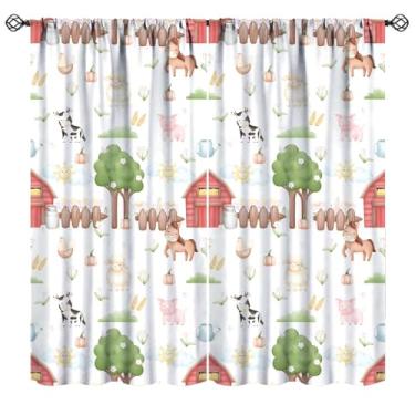 Imagem de Cortinas de celeiro de desenho animado, animais de fazenda fofos, vaca porco, cavalo rústico, cerca de celeiro, plantas de casa vermelha, cortinas de janela para crianças, meninos, meninas, quarto