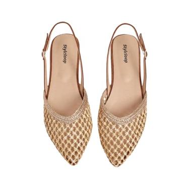 Imagem de BEAUDRM Sapatos femininos de palha trançados com bico fino, sem salto vazado, elegante para férias, Marrom, 37