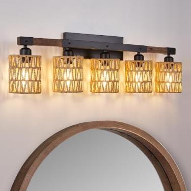 Imagem de Luminária de banheiro luzes de vaidade sobre o espelho, arandela de parede rústica de vime de fazenda 5 luzes de madeira ratten sombra boho vime tecido tropical boêmio palha luz de parede