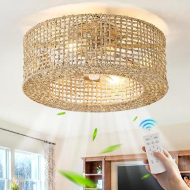 Imagem de DDLLDESHI Ventilador de teto com gaiola Boho com luz de 50,8 cm, ventilador de teto de vime fechado oculto feito à mão com controle remoto de temporizador, ventilador de teto embutido com luzes para