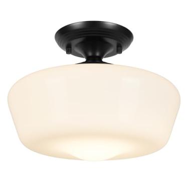 Imagem de Rosient Luminária de teto de montagem semi-embutida estilo escola, lâmpada de teto moderna de 30 cm com persiana de vidro de leite opala, luz globo de fazenda para quarto, cozinha, corredor, entrada