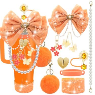 Imagem de LBU Acessórios de copo Bling Stanley para copo de 40/30/567 g com alça, incluindo topo de palha de laço laranja com glitter, capa de canudo de coração, alça de alça de garrafa de água pérola, bota