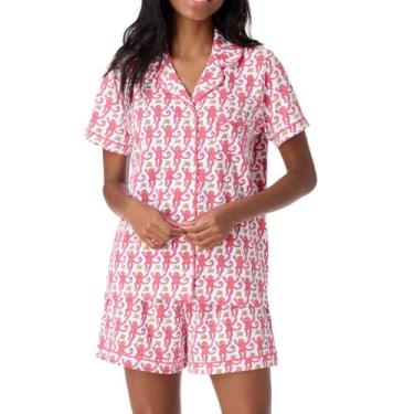 Imagem de Conjunto de pijamas femininos Zelbuck Button Down Monkey Bunny Pink