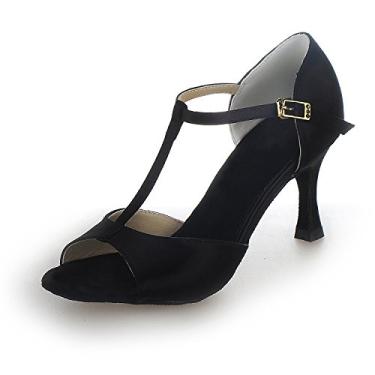 Imagem de JIAJIA 20511 Sandália Feminina de Cetim Salto Flare 7,5cm Sapato para Dança Latina Salsa Profissional Cor Preto,Tamanho BR 39/EU 41