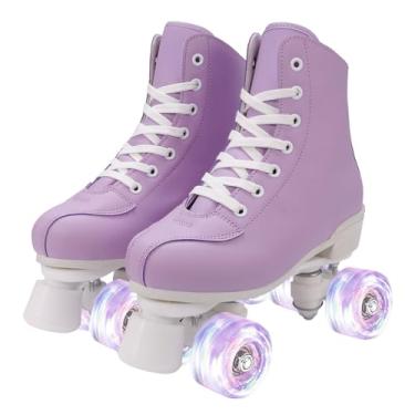 Imagem de Patins clássicos para mulheres e meninas, couro PU, fantástico, roda de flash, patins infantis de 6 a 12 anos para iniciantes para ambientes internos e externos (roda piscante, 34)