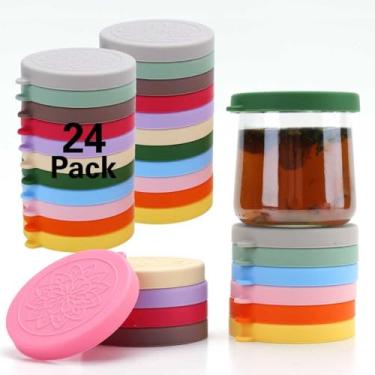 Imagem de Tampas de pote de iogurte oui – pacote com 24 tampas de silicone para potes de vidro de iogurte Oui de 142 ml, com etiqueta de garrafa de iogurte Oui, à prova de vazamento e preservação de alimentos