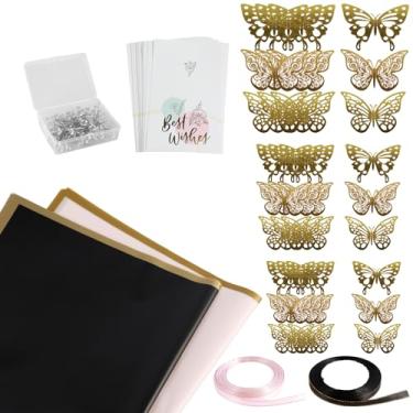 Imagem de QENWKXZ Kit de papel de embrulho de flores com 40 folhas, à prova d'água com 20 cartões comemorativos, 36 peças, decoração de borboleta dourada 3D, 100 pinos e fita de cetim de 24 metros para