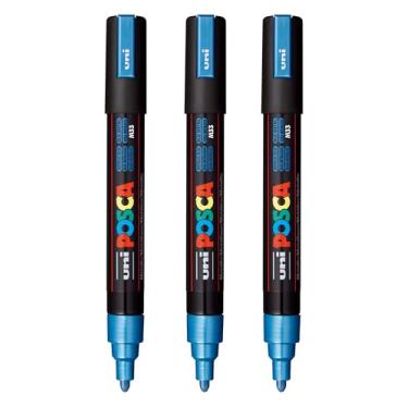 Imagem de posca Marcadores de tinta à base de água PC-5M, ponta média reversível (1,8-2,5 mm), azul metálico, 3 unidades
