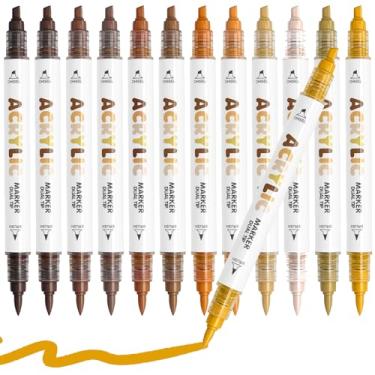 Imagem de Canetas de tinta acrílica marrom, à base de água, 12 cores, marcadores de tinta acrílica de ponta dupla para pintura de rocha, madeira, vidro, cerâmica, tela, tecido, pedra, artesanato faça você mesmo