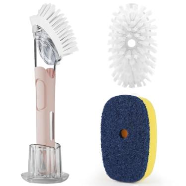 Imagem de Conjunto de escova de prato com dispensador de sabão com 2 refis e suporte de escova, esfregão de pratos com dispensador de sabão, escova de sabonete, varinha de prato com dispensador de sabão para