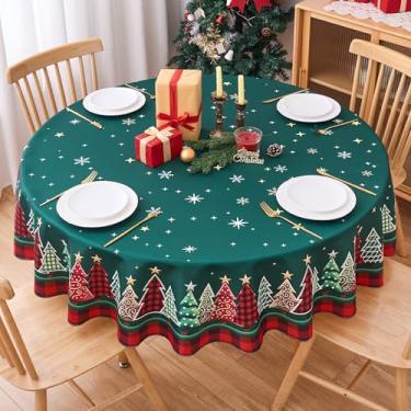 Imagem de Toalha de mesa redonda de Natal com árvore de Natal de 178 cm, toalha de mesa xadrez de búfalo - capa de mesa de poliéster para inverno, Natal, festiva, círculo, lavável, impermeável, para decoração