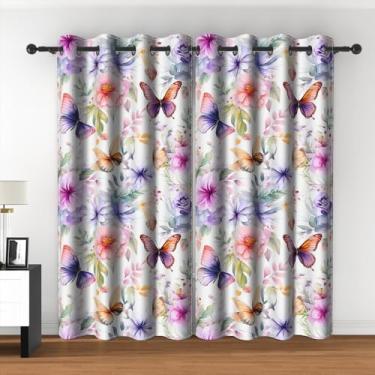 Imagem de Cortinas de janela borboleta roxa primavera flores aquarela rosa lavanda folhas florais isolamento térmico escurecimento de ambiente cortinas com ilhós para sala de estar quarto decoração de casa 132