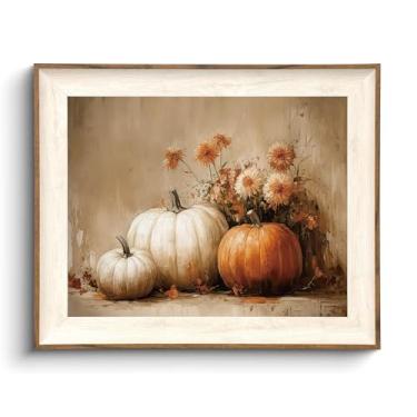 Imagem de KISSFOX Arte de parede emoldurada vintage outono flor de abóbora arte de parede amarelo branco fazenda impressões de arte para sala de estar quarto banheiro cozinha 20 x 25 cm