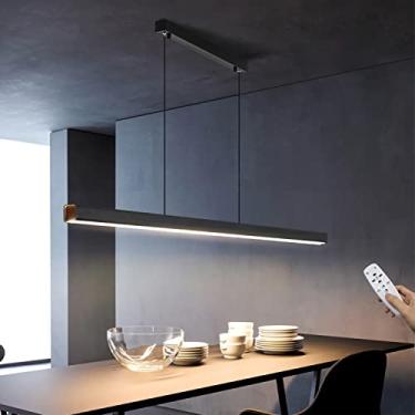 Imagem de Luminária pendente LED regulável, preta, listra longa, mesa de jantar, lâmpada de suspensão com controle remoto, design linear moderno, altura ajustável, lustre para escritório, bar, sala de