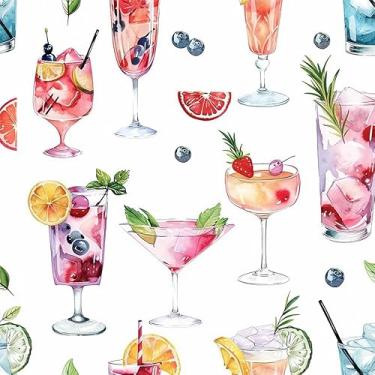 Imagem de Papel de parede colorido aquarela rosa vermelho azul coquetel suco descascar e colar papel de contato vintage vinil adesivo em papel de parede para quarto, banheiro, armário de cozinha adequado para