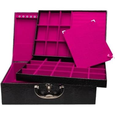 Imagem de Porta Joias Grande Tripla - Caixa Organizadora Viagem Com Bandeja(Preto c/Pink)
