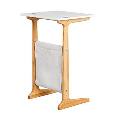 Imagem de Mesa de centro de madeira em forma de C, mesa lateral minimalista moderna para sala de estar, varanda em mesas de canto brancas