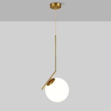 Imagem de YQSLQZZ Luminária pendente de globo de 1 luz, luminária de teto vintage de latão para pendurar, lustre de vidro de iluminação decorativa de ilha de cozinha para sala de jantar, altura ajustável