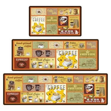 Imagem de Tapetes de cozinha de café para chão, 3 peças de tapetes antiderrapantes acolchoados de cozinha com design de grade, tapete confortável à prova d'água tapete de corrida de chef de fazenda para pia