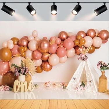 Imagem de Barraca Boho Rosa Balões Floral Boêmio Menina 1º Aniversário Fotografia Fundo Decorações de Primeiro Aniversário para Menina Bolo Quebra Pano de Fundo Boêmio Pampas Grama Decorações de Festa, 1,8 x