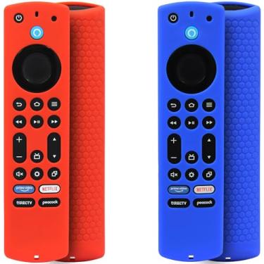 Imagem de 2 capas de silicone para controle remoto compatíveis com Fire TV Stick 4K Max/4K Max 2nd / Insígnia/Pioneer/Omni Series Fire TV Alexa Voice Remote Enhanced com cordão (vermelho, azul)